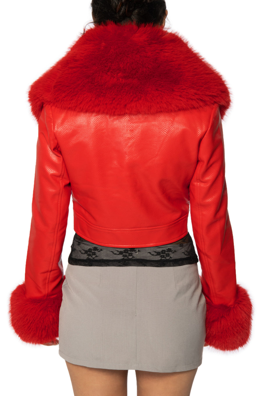 front view of Cherry red faux leather jacket with red faux fur collar and cuffs