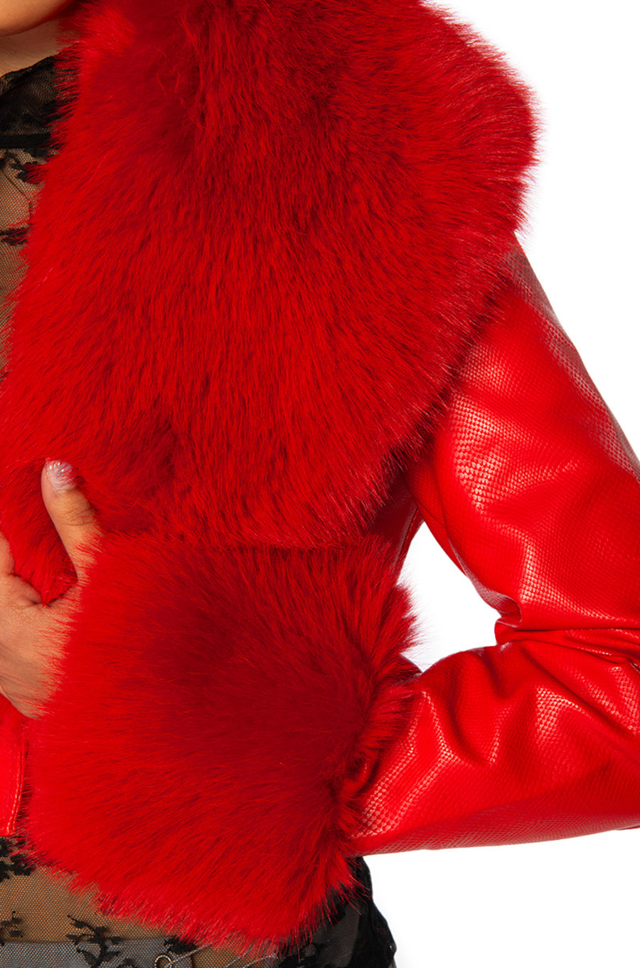 front view of Cherry red faux leather jacket with red faux fur collar and cuffs