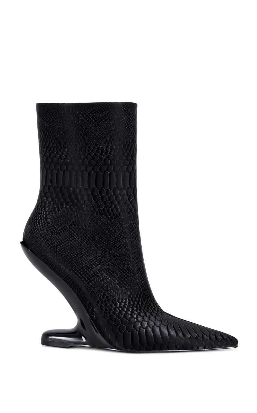 black faux leather statement  heels with a structured wedge heel, a pointed toe, and an inner zip up closure