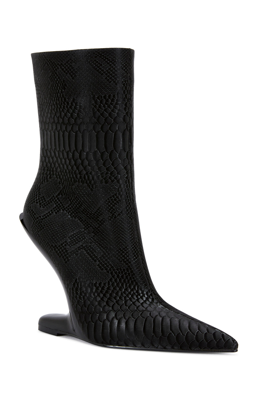 black faux leather statement  heels with a structured wedge heel, a pointed toe, and an inner zip up closure