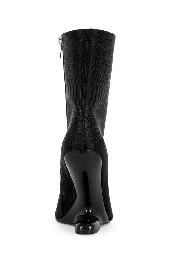 black faux leather statement  heels with a structured wedge heel, a pointed toe, and an inner zip up closure