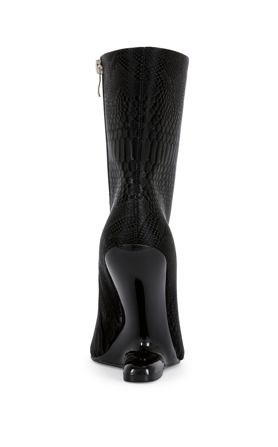 black faux leather statement  heels with a structured wedge heel, a pointed toe, and an inner zip up closure
