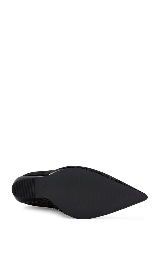 black faux leather statement  heels with a structured wedge heel, a pointed toe, and an inner zip up closure