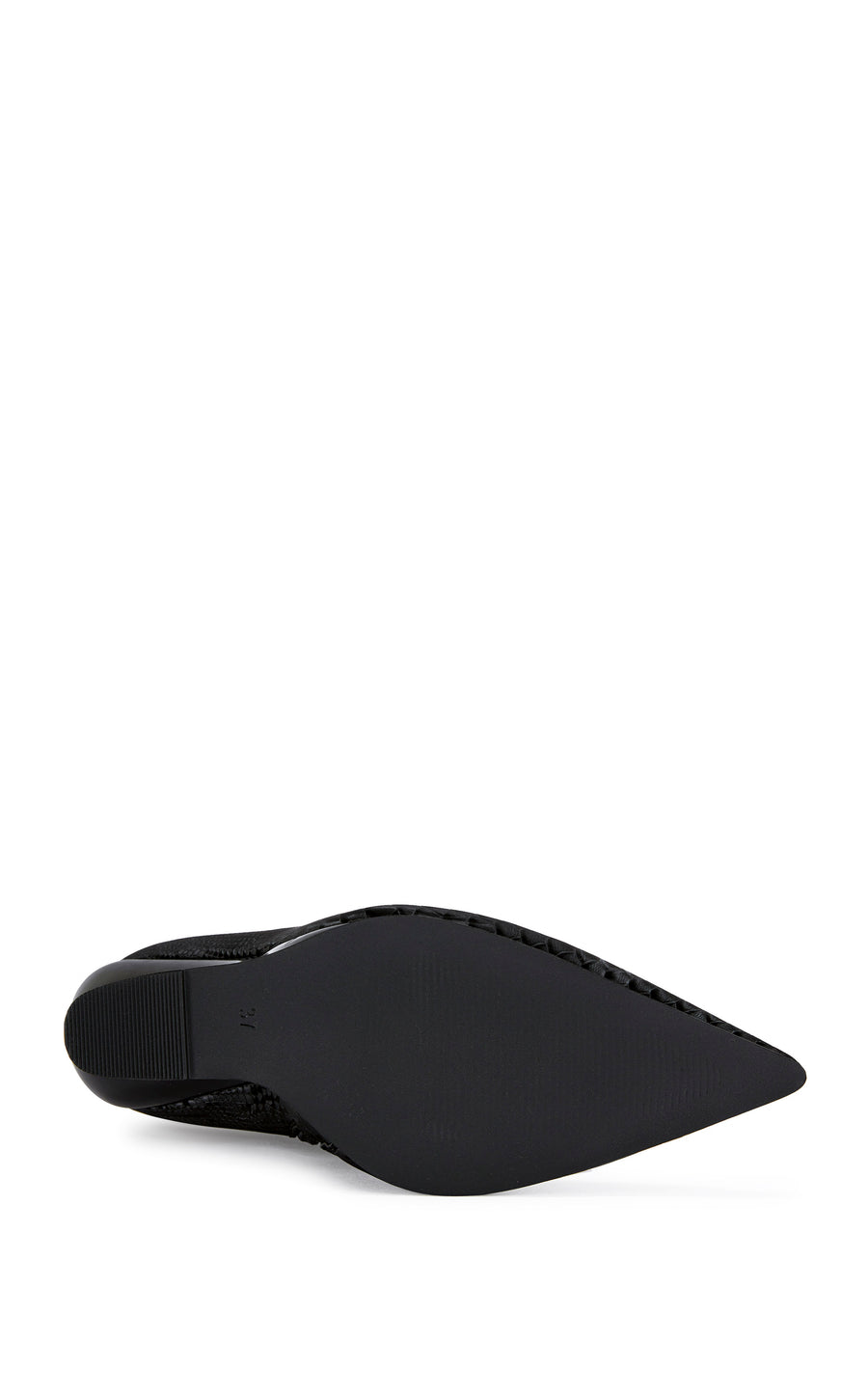 black faux leather statement  heels with a structured wedge heel, a pointed toe, and an inner zip up closure