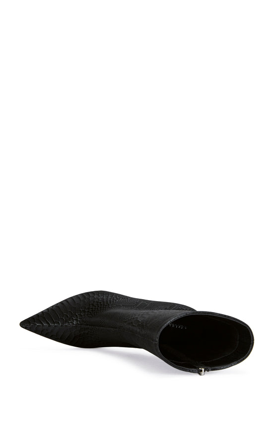 black faux leather statement  heels with a structured wedge heel, a pointed toe, and an inner zip up closure