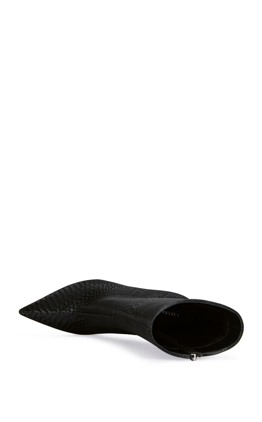 black faux leather statement  heels with a structured wedge heel, a pointed toe, and an inner zip up closure