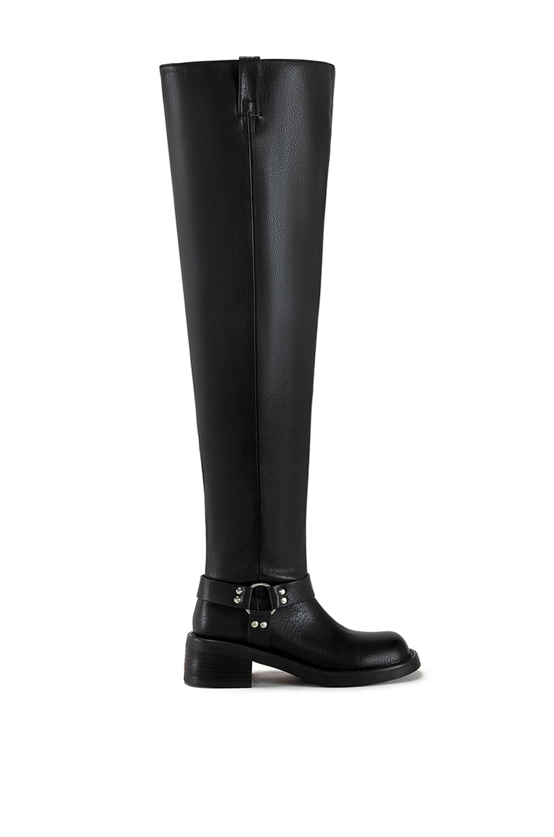 black faux leather over the knee boot with a biker boot silhouette and silver hardware accent on the ankle