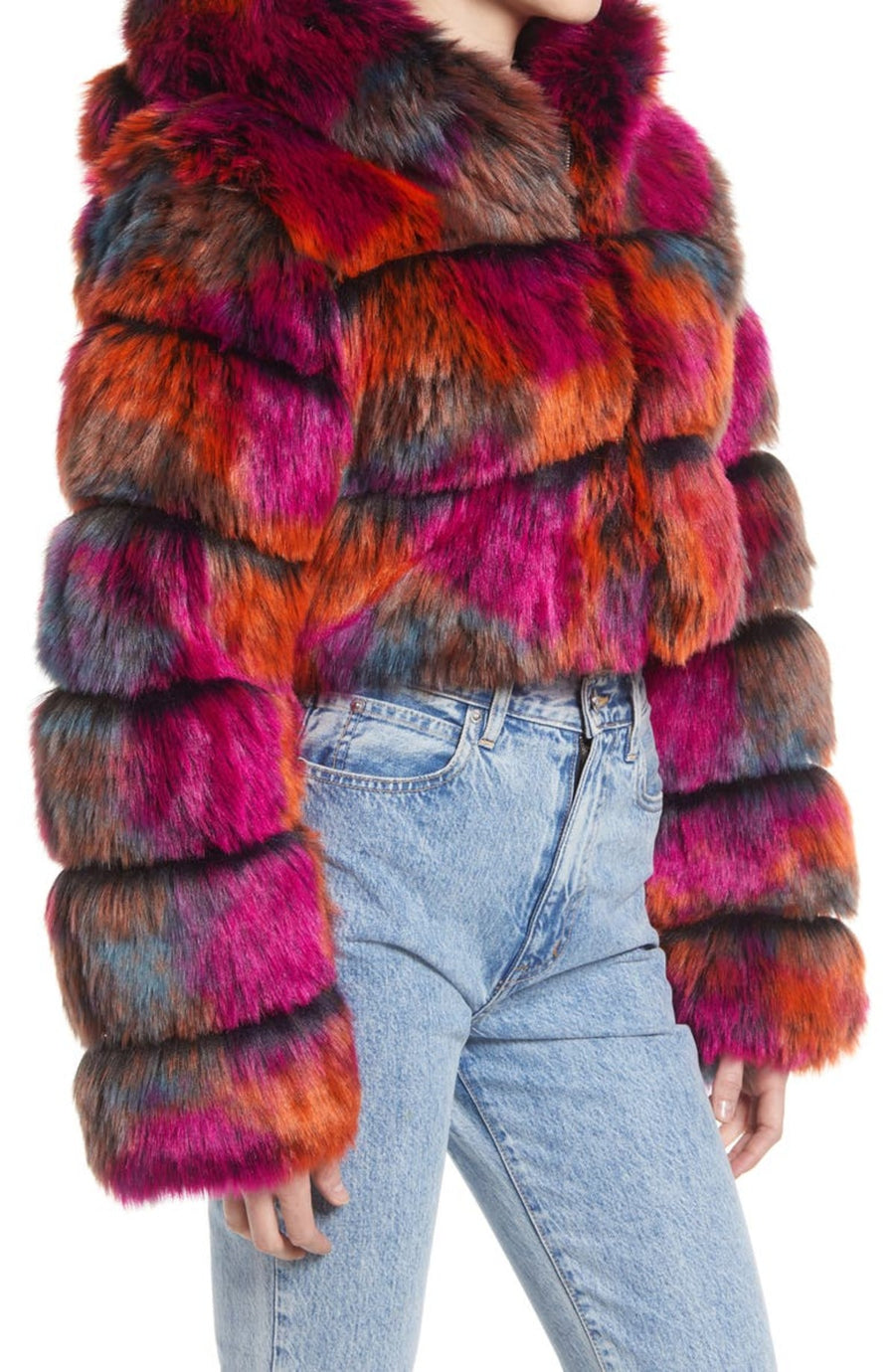 multicolored puffy faux fur statement jacket with hood