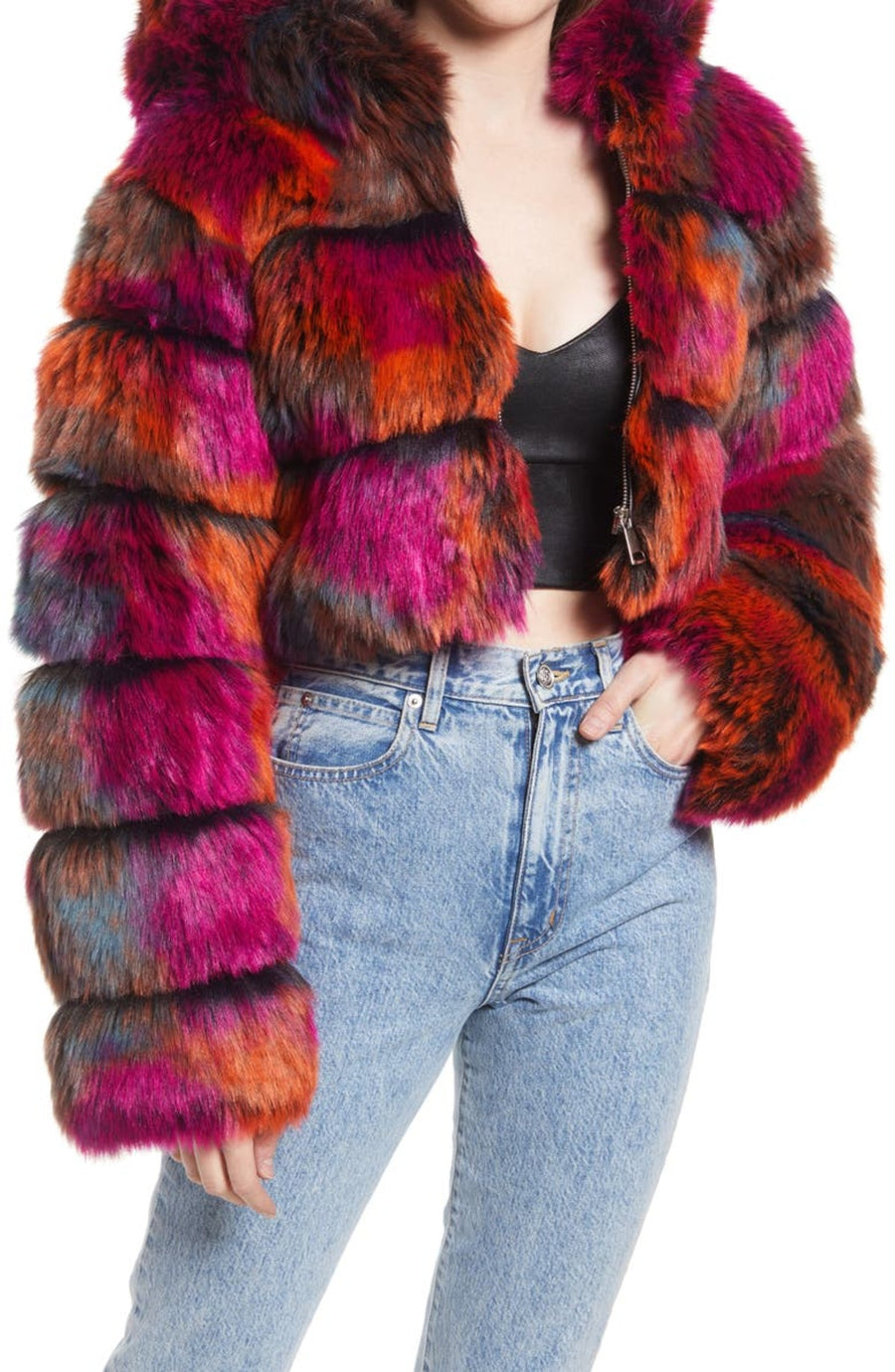 multicolored puffy faux fur statement jacket with hood