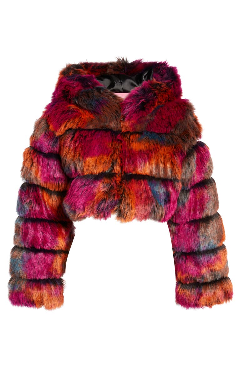 multicolored puffy faux fur statement jacket with hood