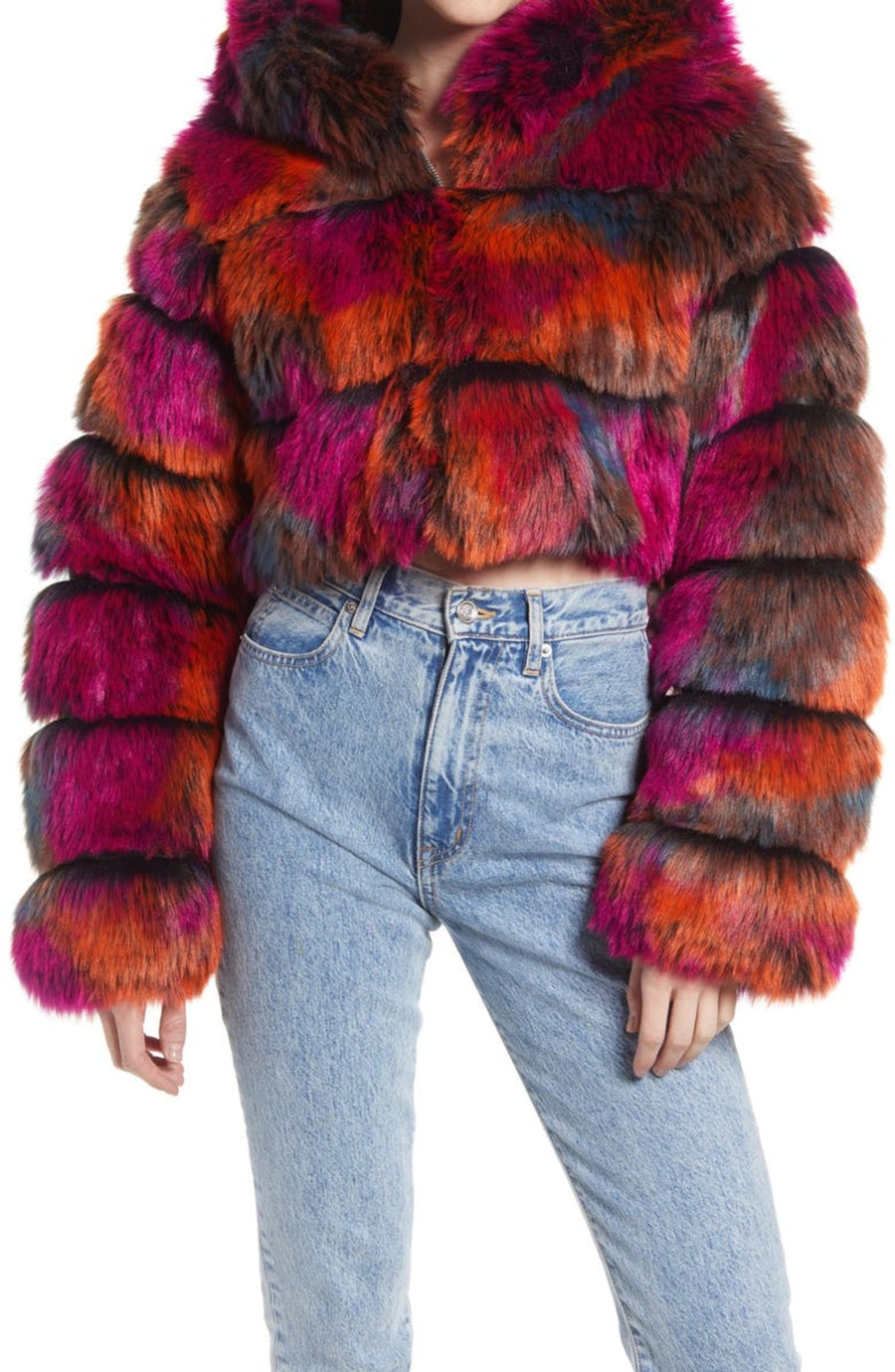 multicolored puffy faux fur statement jacket with hood