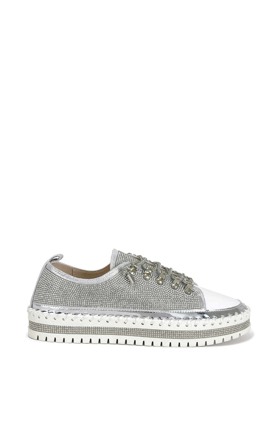 metallic silver lace up sneakers witha chunky white platform sole and crystal embellishments all over the upper