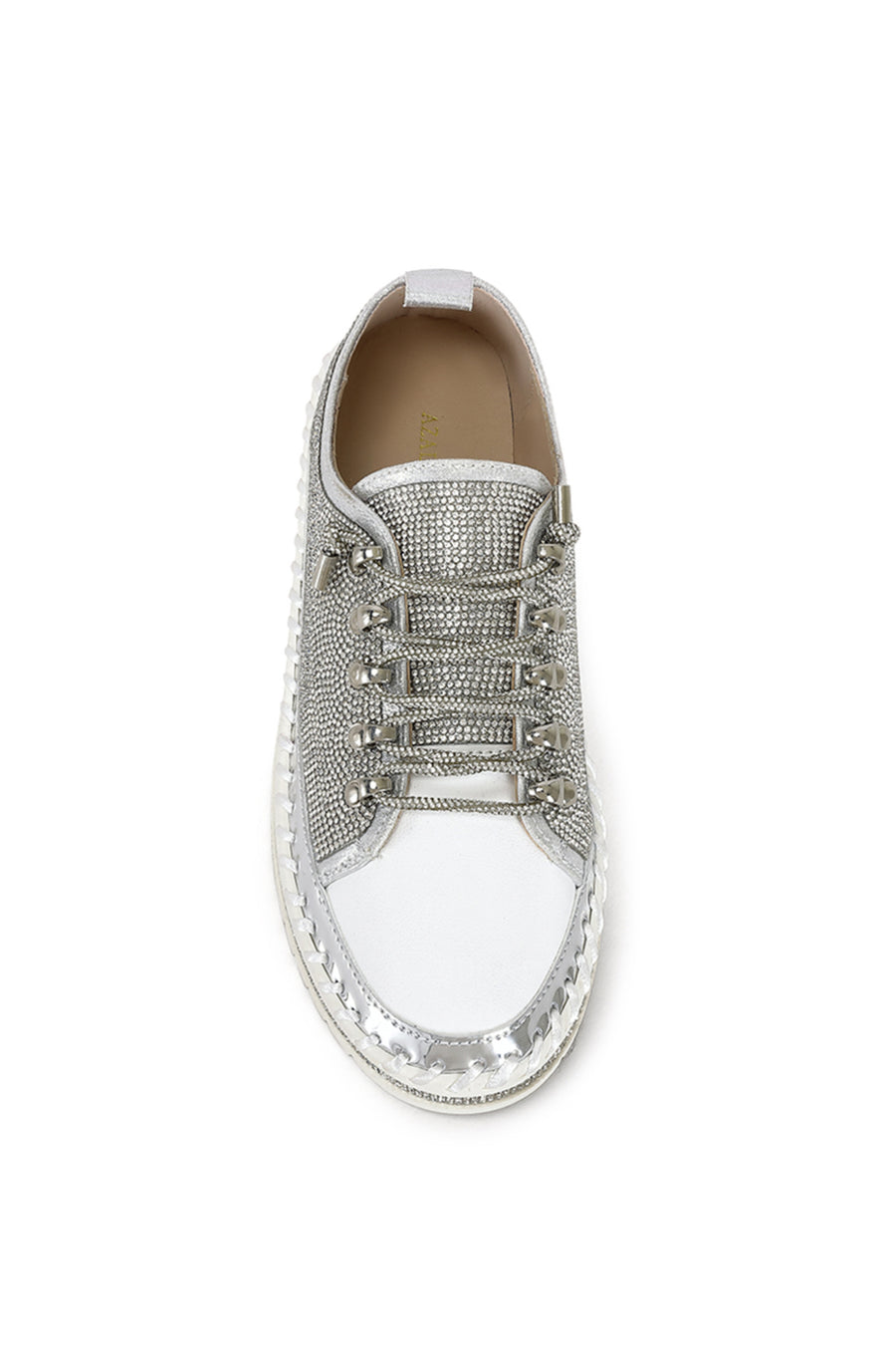 metallic silver lace up sneakers witha chunky white platform sole and crystal embellishments all over the upper