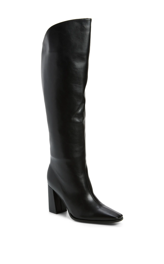 GRACIELLA-BLACK KNEE HIGH CHUNKY HEELED BOOT