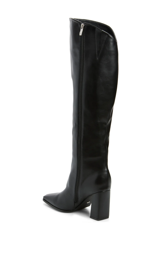 GRACIELLA-BLACK KNEE HIGH CHUNKY HEELED BOOT