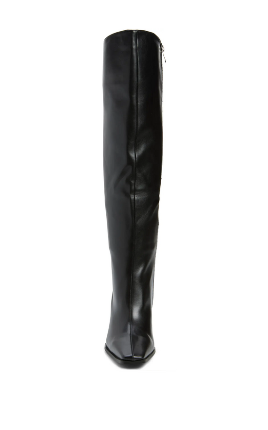 GRACIELLA-BLACK KNEE HIGH CHUNKY HEELED BOOT