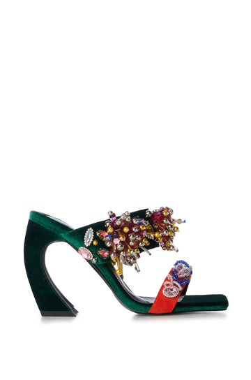 dark green velvet lined statement open toe heels with a curved stiletto heel and beaded embellishments on the double strapped upper