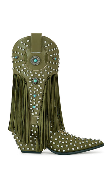 olive green faux leather statement western mid calf length boots with faux swede fringe, rhinestone embellishments, and turquoise flower accents on the shaft