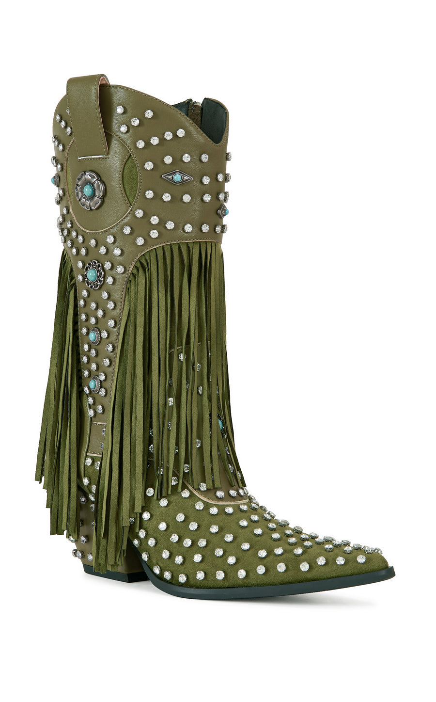 olive green faux leather statement western mid calf length boots with faux swede fringe, rhinestone embellishments, and turquoise flower accents on the shaft