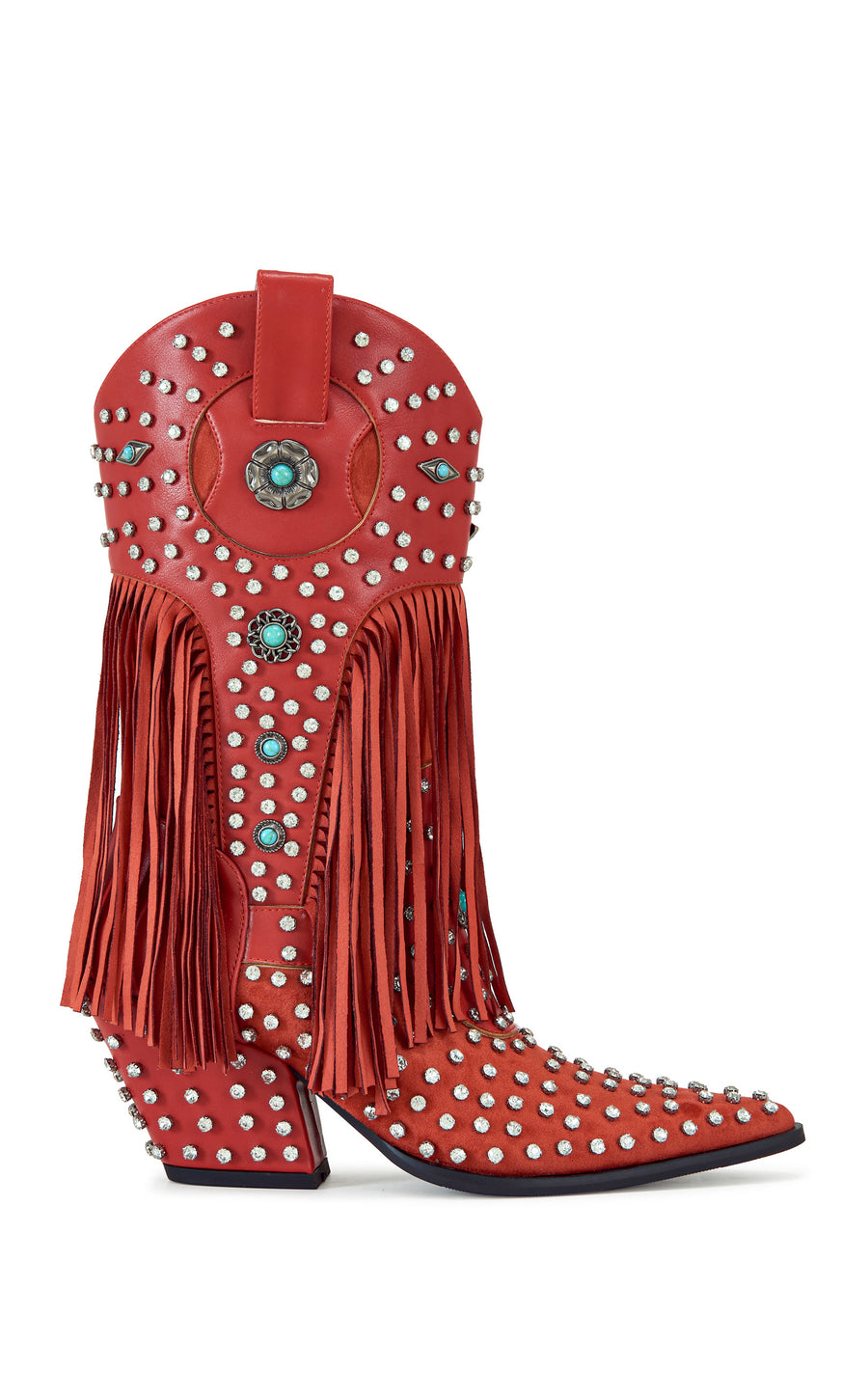 red faux leather statement western mid calf length boots with faux swede fringe, rhinestone embellishments, and turquoise flower accents on the shaft