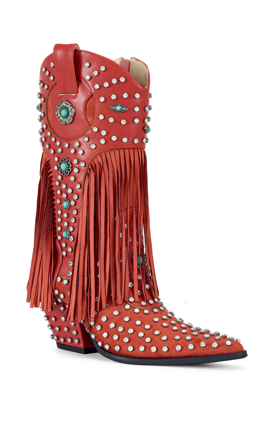 red faux leather statement western mid calf length boots with faux swede fringe, rhinestone embellishments, and turquoise flower accents on the shaft