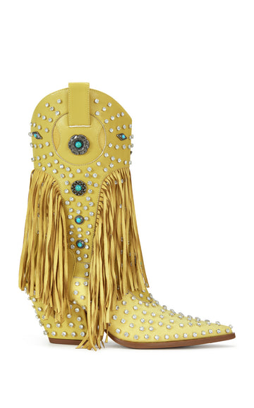 yellow faux leather statement western mid calf length boots with faux swede fringe, rhinestone embellishments, and turquoise flower accents on the shaft