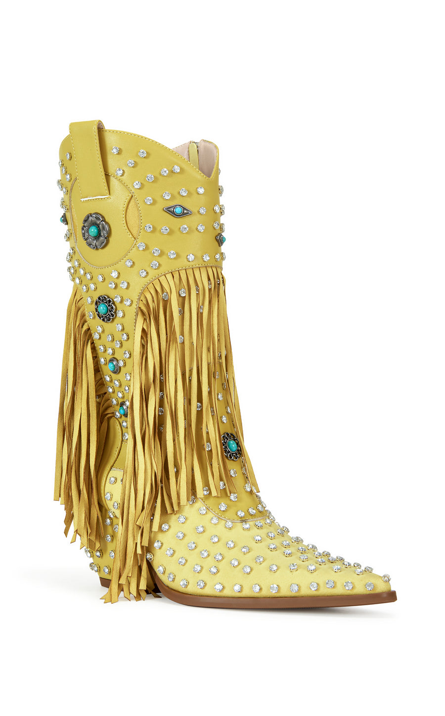 yellow faux leather statement western mid calf length boots with faux swede fringe, rhinestone embellishments, and turquoise flower accents on the shaft