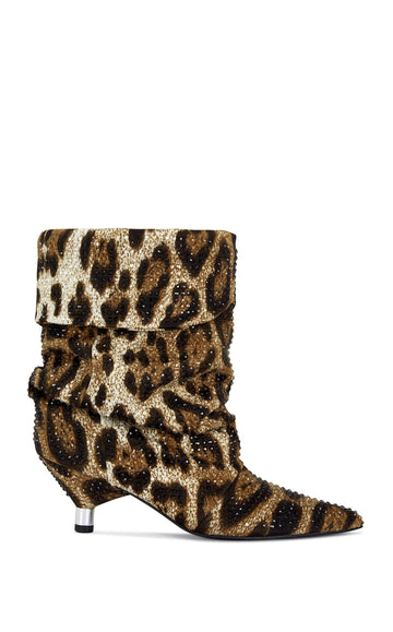 statement leopard print ankle booties with a scrunched shaft, mini silver stiletto heel, and a pointed toe silhouette