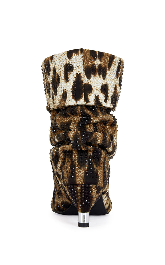 statement leopard print ankle booties with a scrunched shaft, mini silver stiletto heel, and a pointed toe silhouette