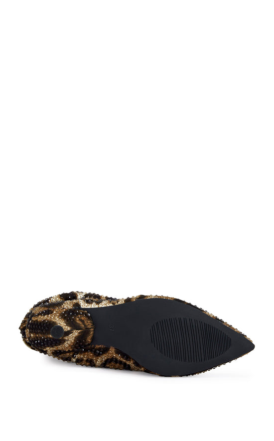 statement leopard print ankle booties with a scrunched shaft, mini silver stiletto heel, and a pointed toe silhouette