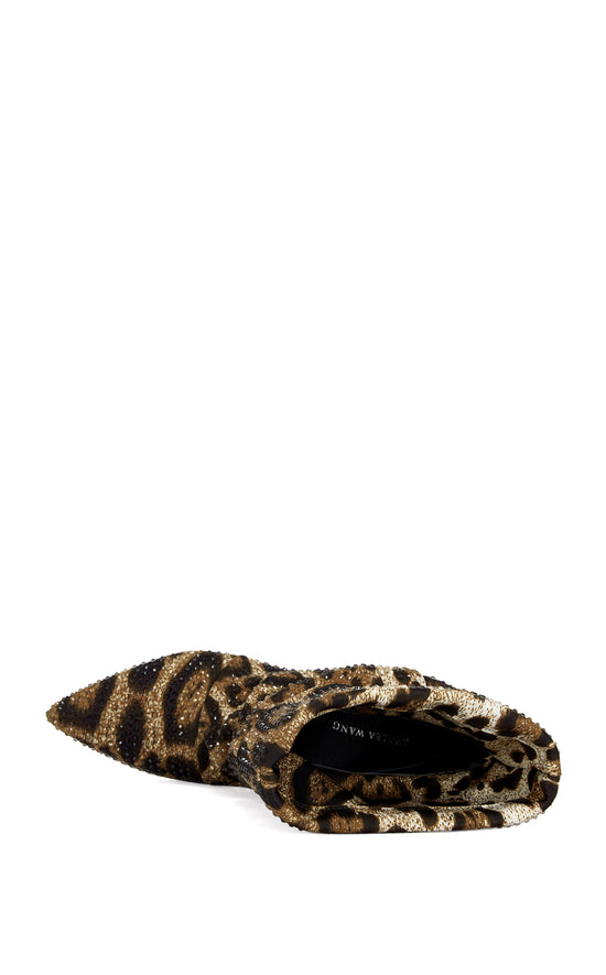statement leopard print ankle booties with a scrunched shaft, mini silver stiletto heel, and a pointed toe silhouette