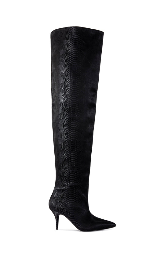 black faux snake leather statement thigh high  boot with a pointed toe silhouette and a stiletto heel