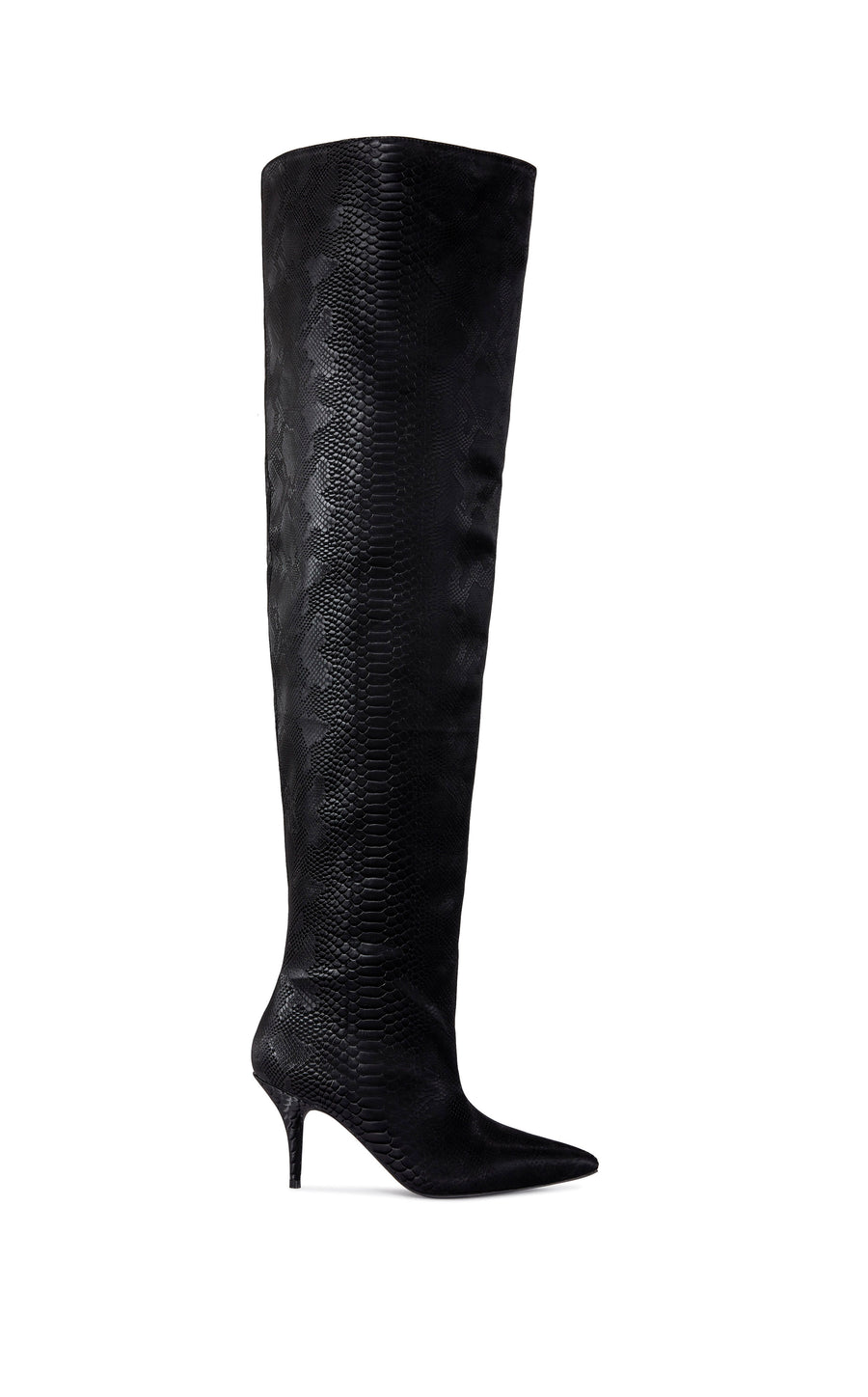black faux snake leather statement thigh high  boot with a pointed toe silhouette and a stiletto heel