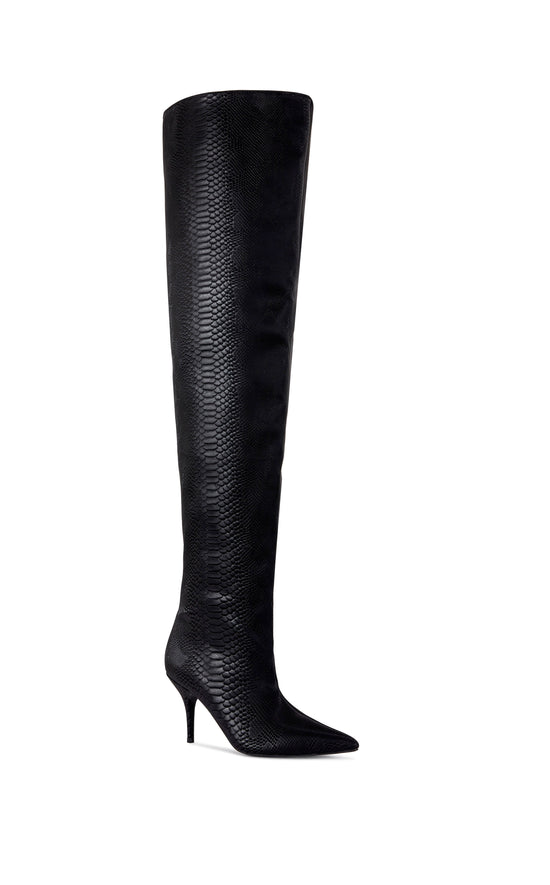 black faux snake leather statement thigh high  boot with a pointed toe silhouette and a stiletto heel