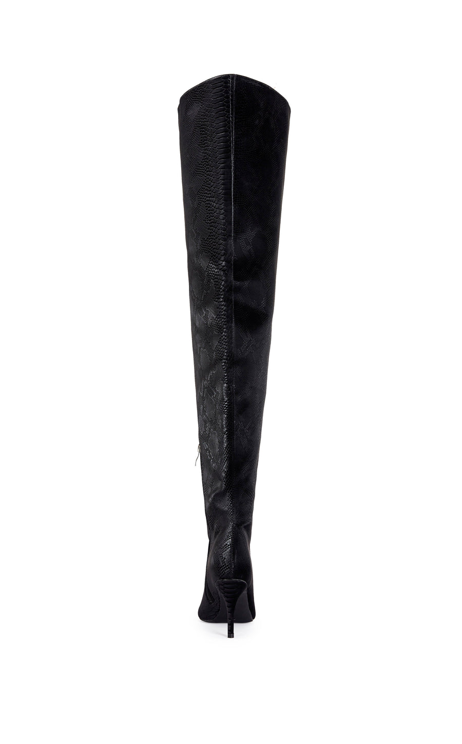 black faux snake leather statement thigh high  boot with a pointed toe silhouette and a stiletto heel