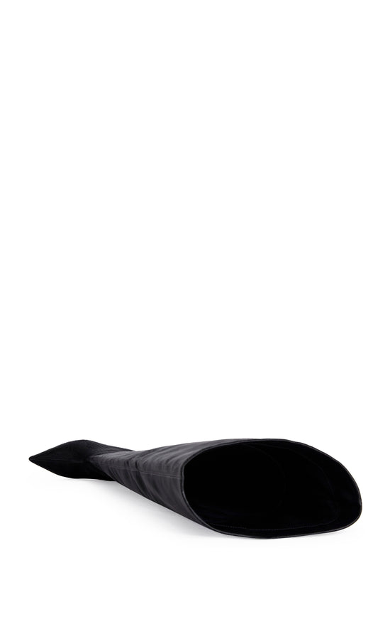 black faux snake leather statement thigh high  boot with a pointed toe silhouette and a stiletto heel