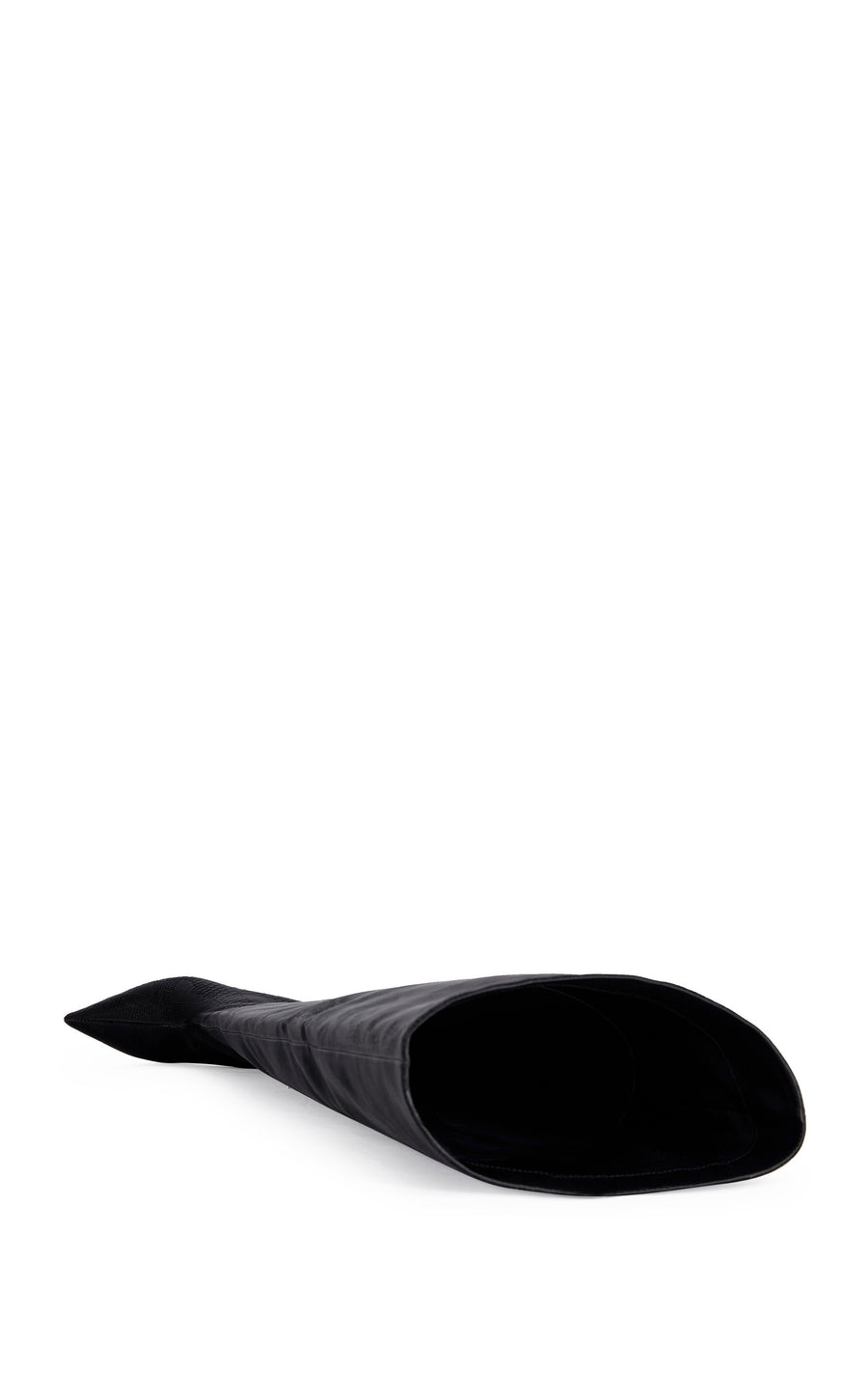 black faux snake leather statement thigh high  boot with a pointed toe silhouette and a stiletto heel
