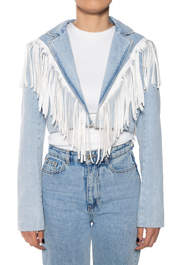 cropped denim western inspired jacket with a sharp collar lined with white fringe
