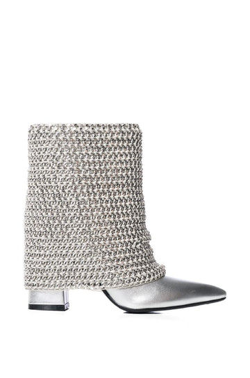metallic silver pointed toe heel boots with silver chain fold over detail