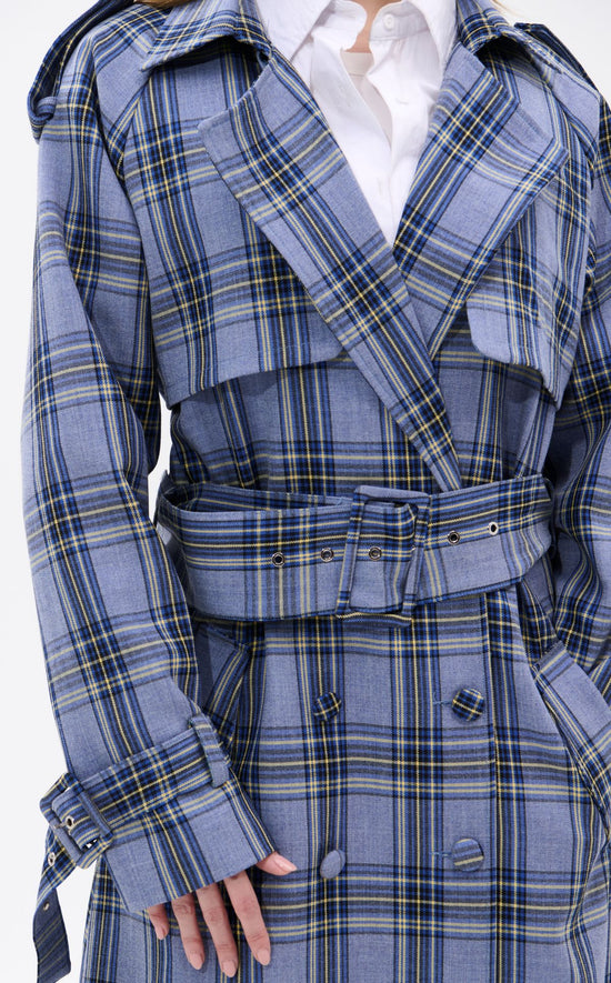 HOBBS-BLUE PLAID TRENCH JACKET