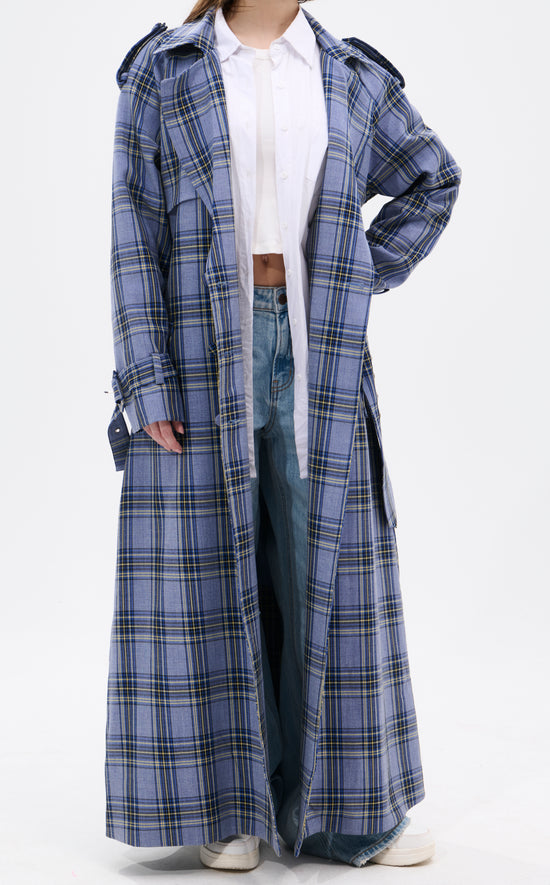 HOBBS-BLUE PLAID TRENCH JACKET