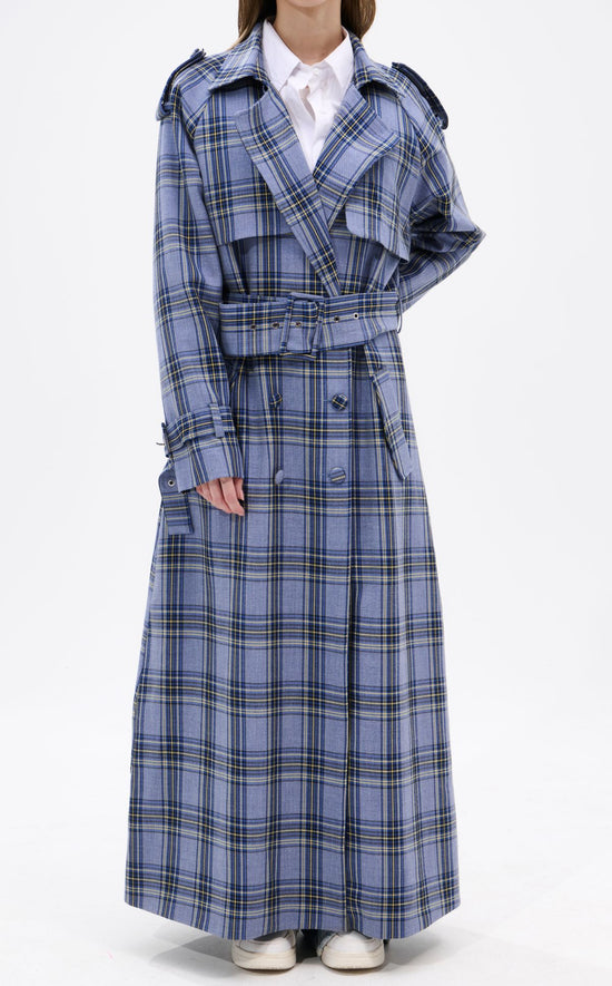 HOBBS-BLUE PLAID TRENCH JACKET
