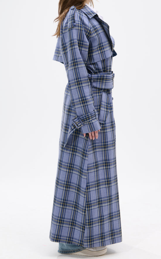HOBBS-BLUE PLAID TRENCH JACKET