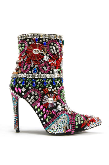 black pointed toe stiletto booties with multicolored rhinestone design pattern