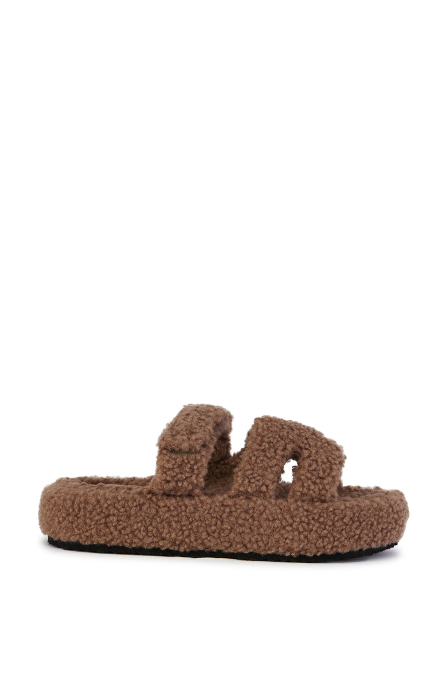 brown faux sherpa slip on open toe slippers with an adjustable velcro foot strap