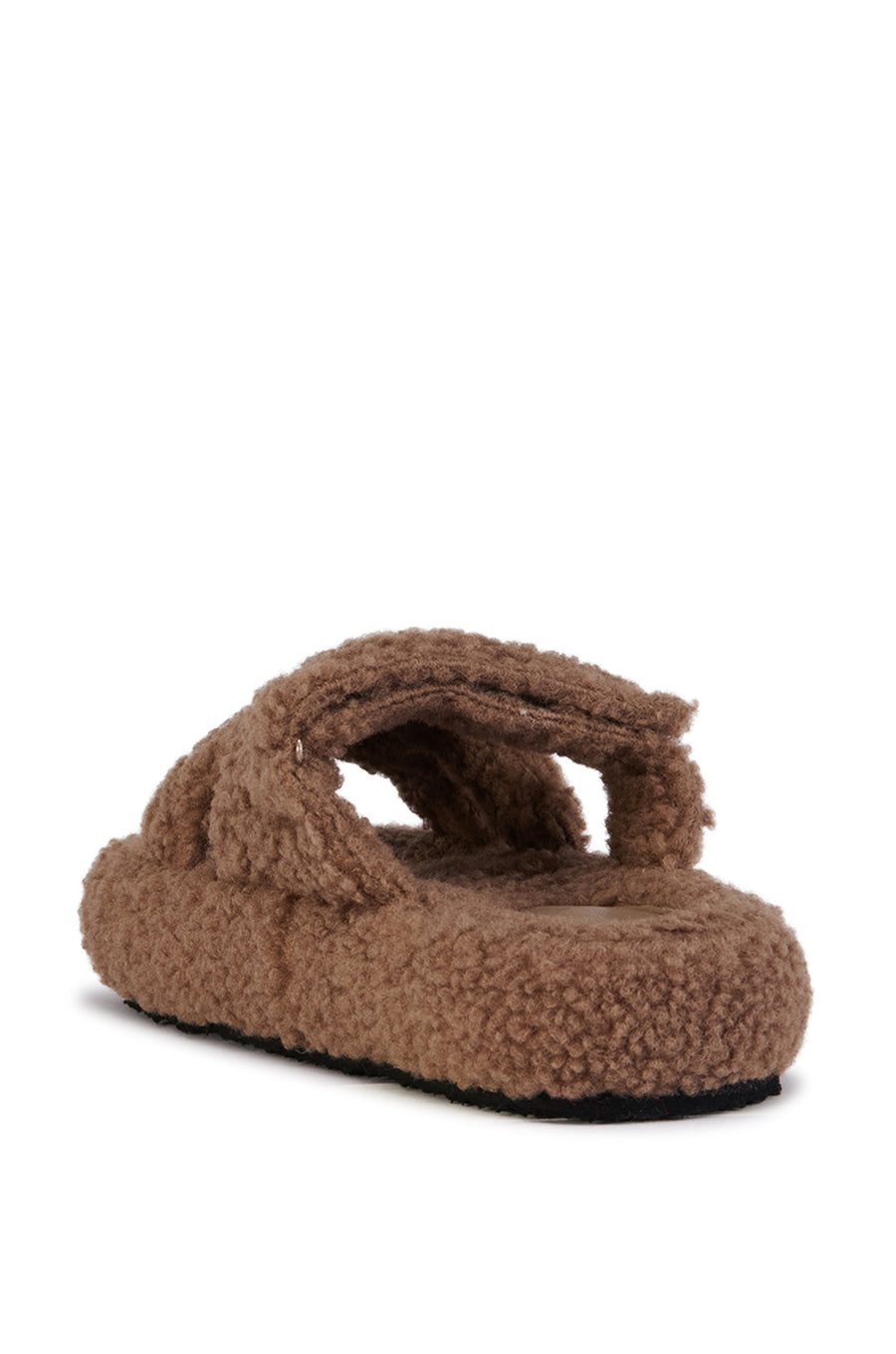 brown faux sherpa slip on open toe slippers with an adjustable velcro foot strap