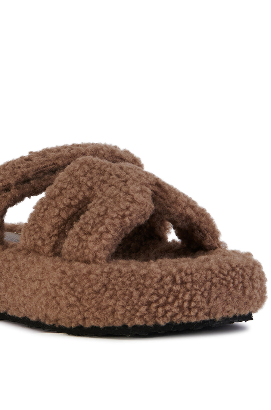 brown faux sherpa slip on open toe slippers with an adjustable velcro foot strap