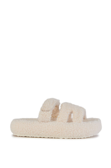 white faux sherpa slip on open toe slippers with an adjustable velcro foot strap