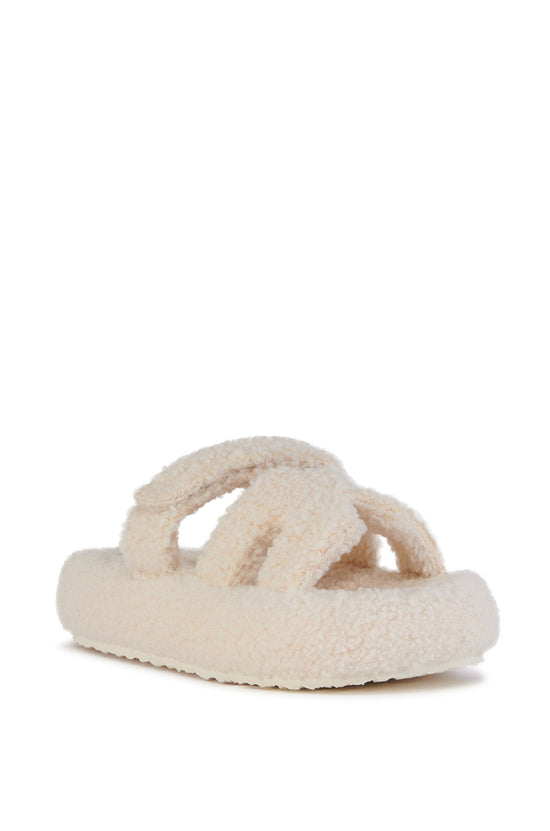 white faux sherpa slip on open toe slippers with an adjustable velcro foot strap