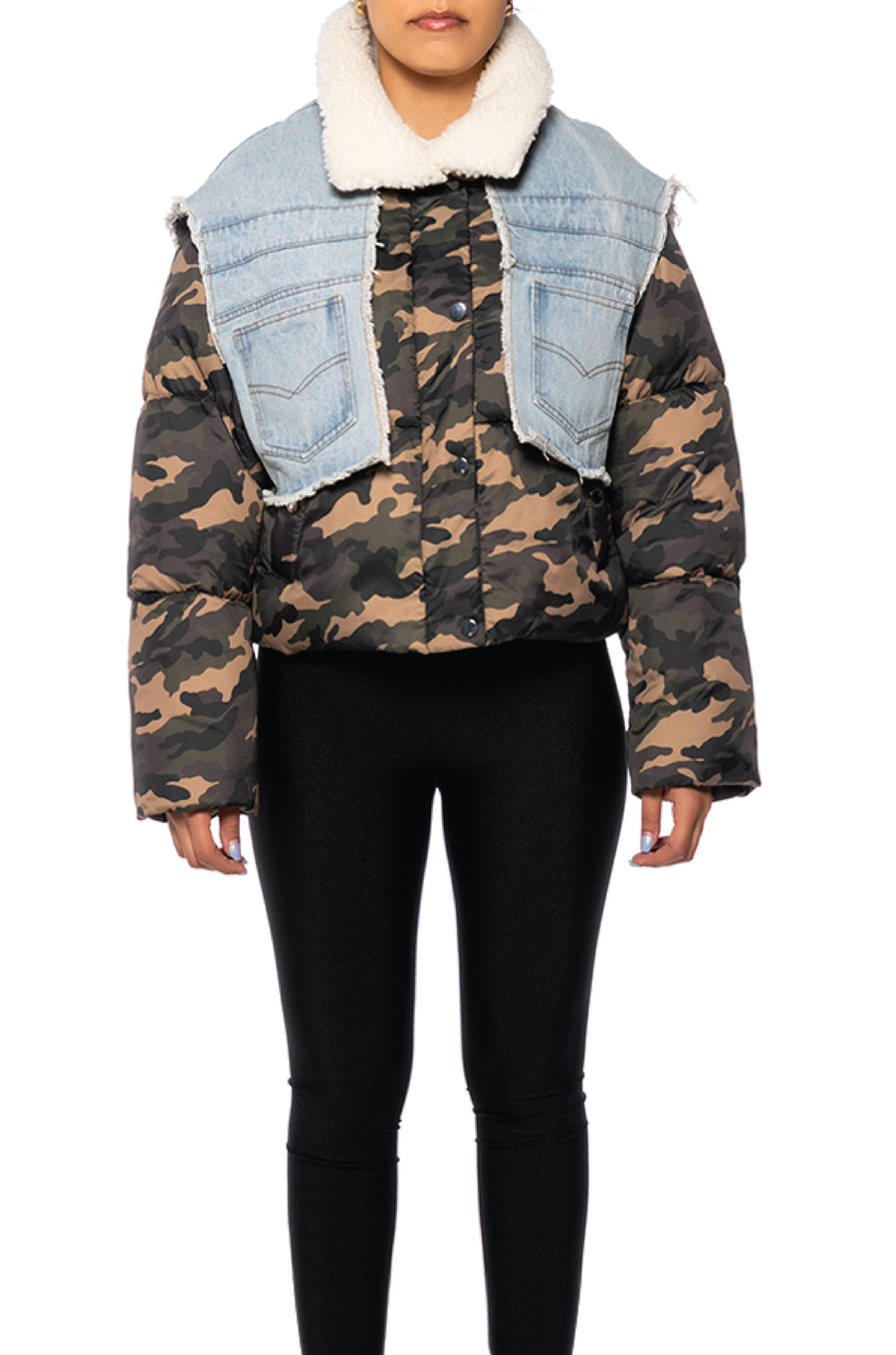 front view of camo print cropped puffer jacket with light wash denim accent and white shearling collar